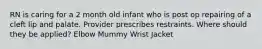 RN is caring for a 2 month old infant who is post op repairing of a cleft lip and palate. Provider prescribes restraints. Where should they be applied? Elbow Mummy Wrist Jacket