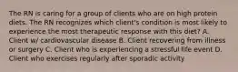 The RN is caring for a group of clients who are on high protein diets. The RN recognizes which client's condition is most likely to experience the most therapeutic response with this diet? A. Client w/ cardiovascular disease B. Client recovering from illness or surgery C. Client who is experiencing a stressful life event D. Client who exercises regularly after sporadic activity