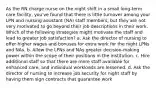 As the RN charge nurse on the night shift in a small long-term care facility, you've found that there is little turnover among your LPN and nursing assistant (NA) staff members, but they are not very motivated to go beyond their job descriptions in their work. Which of the following strategies might motivate the staff and lead to greater job satisfaction? a. Ask the director of nursing to offer higher wages and bonuses for extra work for the night LPNs and NAs. b. Allow the LPNs and NAs greater decision-making power within the scope of their positions in the institution. c. Hire additional staff so that there are more staff available for enhanced care, and individual workloads are lessened. d. Ask the director of nursing to increase job security for night staff by having them sign contracts that guarantee work