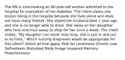 The RN is interviewing an 80-year-old woman admitted to the hospital for evaluation of her diabetes. The client states she enjoys being in the hospital because she lives alone and does not have many friends. She states her husband died 1 year ago and she is no longer able to drive. She relies on her daughter who lives one hour away to shop for her once a week. The client states, "My daughter can never stay long, she is just in and out in no time." Which nursing diagnoses would be appropriate for this client? Select all that apply. Risk for Loneliness Chronic Low Self-esteem Disturbed Body Image Impaired Memory Powerlessness