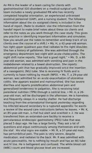 An RN is the leader of a team caring for clients with gastrointestinal (GI) disorders on a medical-surgical unit. The team includes a newly graduated RN who has recently completed hospital orientation, an experienced unlicensed assistive personnel (UAP), and a nursing student. The following information about the six assigned clients is included in the hand-of report. (Note to student: Use the information from the handof report to make brief notes about these six clients and refer to the notes as you work through the case study. This gives you practice in identifying important information and simulates how you would use the notes to remember and keep track of six clients over the course of a shift.) • Ms. H, a 42-year-old woman, has right upper quadrant pain that radiates to the right shoulder. She has a history of gallstones. She was admitted through the emergency department last night with acute cholecystitis. The night shift nurse reports, "She had a good night." • Ms. D, a 60-year-old woman, was admitted with vomiting and pain in the midabdomen related to a bowel obstruction. She reports abdominal pain that has gradually improved since the insertion of a nasogastric (NG) tube. She is receiving IV fluids and is currently to have nothing by mouth (NPO). • Ms. T, a 29-year-old woman, was admitted for an acute exacerbation of ulcerative colitis. She appears wasted and malnourished. She has severe diarrhea and reports predefecation abdominal pain and generalized tenderness to palpation. She is receiving total parenteral nutrition (TPN) through a central line. • Mr. A, a 26-year-old man, will be discharged in the afternoon. He is homeless and frequently sleeps in a nearby shelter. He had discharge teaching from the enterostomal therapist yesterday regarding his infected wound secondary to a ruptured appendix; he wants a review of the wound care instructions before he leaves. • Mr. K, an 85-year-old man, is frail but alert and oriented × 2. He was transferred from an extended-care facility to receive a percutaneous endoscopic gastrostomy (PEG) tube that was placed 5 days ago. He has a large family. They ask a lot of questions and argue continuously among themselves and with the staf . His vital signs are stable. • Mr. R, a 57-year-old man, has periumbilical pain. The pain is very severe, despite medication, and radiates to the back. Mr. R was admitted with acute pancreatitis. He is nothing by mouth and has an NG tube and IV line. He is belligerent and confused. The white blood cell (WBC) count and blood glucose level are increased.