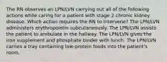 The RN observes an LPN/LVN carrying out all of the following actions while caring for a patient with stage 2 chronic kidney disease. Which action requires the RN to intervene? The LPN/LVN administers erythropoietin subcutaneously. The LPN/LVN assists the patient to ambulate in the hallway. The LPN/LVN gives the iron supplement and phosphate binder with lunch. The LPN/LVN carries a tray containing low-protein foods into the patient's room.