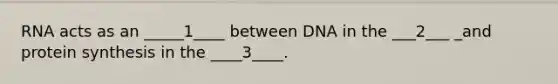 RNA acts as an _____1____ between DNA in the ___2___ _and protein synthesis in the ____3____.