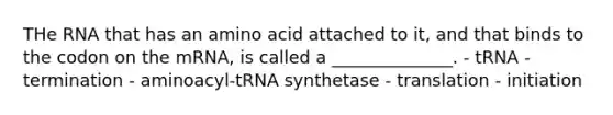 THe RNA that has an amino acid attached to it, and that binds to the codon on the mRNA, is called a ______________. - tRNA - termination - aminoacyl-tRNA synthetase - translation - initiation