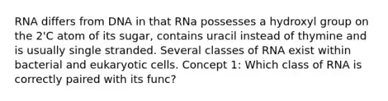 RNA differs from DNA in that RNa possesses a hydroxyl group on the 2'C atom of its sugar, contains uracil instead of thymine and is usually single stranded. Several classes of RNA exist within bacterial and <a href='https://www.questionai.com/knowledge/kb526cpm6R-eukaryotic-cells' class='anchor-knowledge'>eukaryotic cells</a>. Concept 1: Which class of RNA is correctly paired with its func?