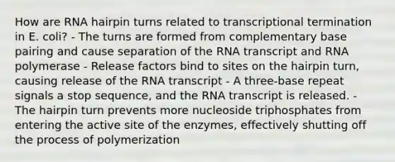 How are RNA hairpin turns related to transcriptional termination in E. coli? - The turns are formed from complementary base pairing and cause separation of the RNA transcript and RNA polymerase - Release factors bind to sites on the hairpin turn, causing release of the RNA transcript - A three-base repeat signals a stop sequence, and the RNA transcript is released. - The hairpin turn prevents more nucleoside triphosphates from entering the active site of the enzymes, effectively shutting off the process of polymerization