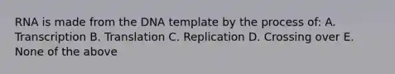 RNA is made from the DNA template by the process of: A. Transcription B. Translation C. Replication D. Crossing over E. None of the above