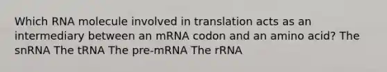 Which RNA molecule involved in translation acts as an intermediary between an mRNA codon and an amino acid? The snRNA The tRNA The pre-mRNA The rRNA