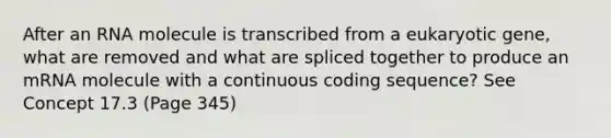 After an RNA molecule is transcribed from a eukaryotic gene, what are removed and what are spliced together to produce an mRNA molecule with a continuous coding sequence? See Concept 17.3 (Page 345)