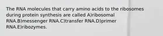 The RNA molecules that carry amino acids to the ribosomes during protein synthesis are called A)ribosomal RNA.B)messenger RNA.C)transfer RNA.D)primer RNA.E)ribozymes.