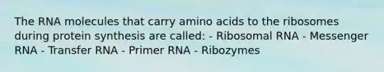 The RNA molecules that carry amino acids to the ribosomes during protein synthesis are called: - Ribosomal RNA - Messenger RNA - Transfer RNA - Primer RNA - Ribozymes