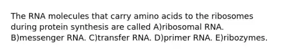 The RNA molecules that carry amino acids to the ribosomes during protein synthesis are called A)ribosomal RNA. B)messenger RNA. C)transfer RNA. D)primer RNA. E)ribozymes.