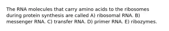 The RNA molecules that carry amino acids to the ribosomes during protein synthesis are called A) ribosomal RNA. B) messenger RNA. C) transfer RNA. D) primer RNA. E) ribozymes.