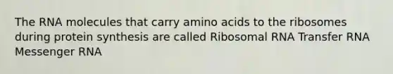 The RNA molecules that carry amino acids to the ribosomes during protein synthesis are called Ribosomal RNA Transfer RNA Messenger RNA