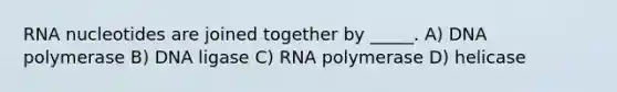 RNA nucleotides are joined together by _____. A) DNA polymerase B) DNA ligase C) RNA polymerase D) helicase