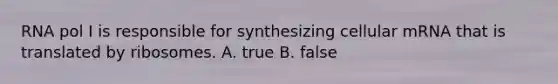 RNA pol I is responsible for synthesizing cellular mRNA that is translated by ribosomes. A. true B. false