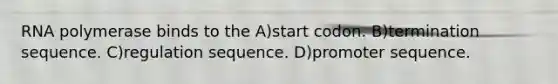 RNA polymerase binds to the A)start codon. B)termination sequence. C)regulation sequence. D)promoter sequence.