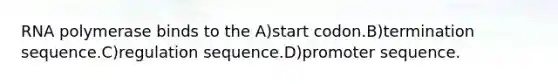 RNA polymerase binds to the A)start codon.B)termination sequence.C)regulation sequence.D)promoter sequence.