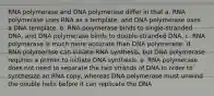 RNA polymerase and DNA polymerase differ in that a. RNA polymerase uses RNA as a template, and DNA polymerase uses a DNA template. b. RNA polymerase binds to single-stranded DNA, and DNA polymerase binds to double-stranded DNA. c. RNA polymerase is much more accurate than DNA polymerase. d. RNA polymerase can initiate RNA synthesis, but DNA polymerase requires a primer to initiate DNA synthesis. e. RNA polymerase does not need to separate the two strands of DNA in order to synthesize an RNA copy, whereas DNA polymerase must unwind the double helix before it can replicate the DNA