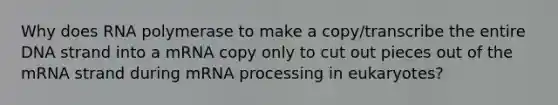 Why does RNA polymerase to make a copy/transcribe the entire DNA strand into a mRNA copy only to cut out pieces out of the mRNA strand during m<a href='https://www.questionai.com/knowledge/kapY3KpASG-rna-processing' class='anchor-knowledge'>rna processing</a> in eukaryotes?