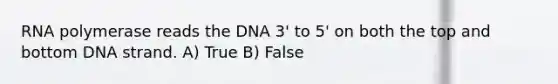 RNA polymerase reads the DNA 3' to 5' on both the top and bottom DNA strand. A) True B) False