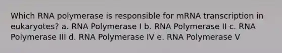 Which RNA polymerase is responsible for mRNA transcription in eukaryotes? a. RNA Polymerase I b. RNA Polymerase II c. RNA Polymerase III d. RNA Polymerase IV e. RNA Polymerase V