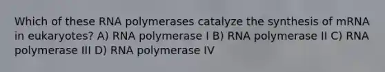 Which of these RNA polymerases catalyze the synthesis of mRNA in eukaryotes? A) RNA polymerase I B) RNA polymerase II C) RNA polymerase III D) RNA polymerase IV