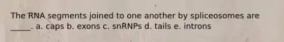 The RNA segments joined to one another by spliceosomes are _____. a. caps b. exons c. snRNPs d. tails e. introns