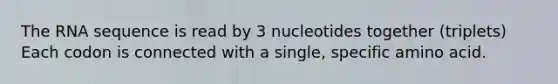 The RNA sequence is read by 3 nucleotides together (triplets) Each codon is connected with a single, specific amino acid.