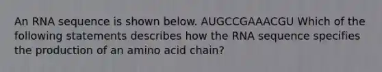 An RNA sequence is shown below. AUGCCGAAACGU Which of the following statements describes how the RNA sequence specifies the production of an amino acid chain?