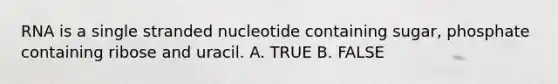 RNA is a single stranded nucleotide containing sugar, phosphate containing ribose and uracil. A. TRUE B. FALSE