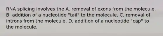 RNA splicing involves the A. removal of exons from the molecule. B. addition of a nucleotide "tail" to the molecule. C. removal of introns from the molecule. D. addition of a nucleotide "cap" to the molecule.