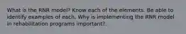 What is the RNR model? Know each of the elements. Be able to identify examples of each. Why is implementing the RNR model in rehabilitation programs important?.