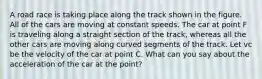 A road race is taking place along the track shown in the figure. All of the cars are moving at constant speeds. The car at point F is traveling along a straight section of the track, whereas all the other cars are moving along curved segments of the track. Let vc be the velocity of the car at point C. What can you say about the acceleration of the car at the point?