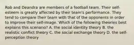 Rob and Deandra are members of a football team. Their self-esteem is greatly affected by their team's performance. They tend to compare their team with that of the opponents in order to improve their self-image. Which of the following theories best explains this scenario? A. the social identity theory B. the realistic conflict theory C. the social exchange theory D. the self-perception theory