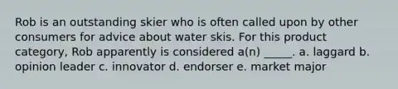 Rob is an outstanding skier who is often called upon by other consumers for advice about water skis. For this product category, Rob apparently is considered a(n) _____. a. laggard b. opinion leader c. innovator d. endorser e. market major