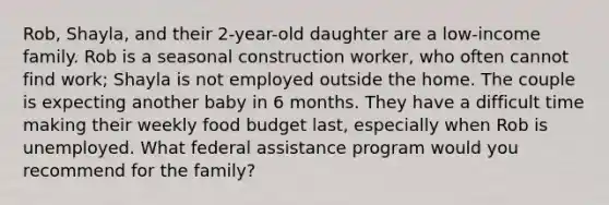 Rob, Shayla, and their 2-year-old daughter are a low-income family. Rob is a seasonal construction worker, who often cannot find work; Shayla is not employed outside the home. The couple is expecting another baby in 6 months. They have a difficult time making their weekly food budget last, especially when Rob is unemployed. What federal assistance program would you recommend for the family?