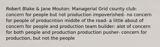 Robert Blake & Jane Mouton: Managerial Grid county club: concern for people but not production impoverished- no concern for people of producntion middle of the road- a little about of concern for people and production team builder- alot of concern for both people and production production pusher- concern for production, but not the people