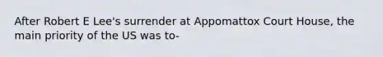 After Robert E Lee's surrender at Appomattox Court House, the main priority of the US was to-