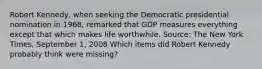 Robert​ Kennedy, when seeking the Democratic presidential nomination in​ 1968, remarked that GDP measures everything except that which makes life worthwhile. ​Source: The New York Times​, September​ 1, 2008 Which items did Robert Kennedy probably think were​ missing?