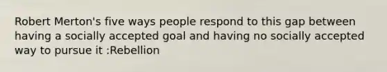 Robert Merton's five ways people respond to this gap between having a socially accepted goal and having no socially accepted way to pursue it :Rebellion