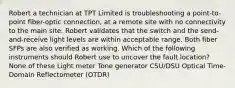 Robert a technician at TPT Limited is troubleshooting a point-to-point fiber-optic connection, at a remote site with no connectivity to the main site. Robert validates that the switch and the send-and-receive light levels are within acceptable range. Both fiber SFPs are also verified as working. Which of the following instruments should Robert use to uncover the fault location? None of these Light meter Tone generator CSU/DSU Optical Time-Domain Reflectometer (OTDR)