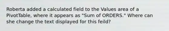 Roberta added a calculated field to the Values area of a PivotTable, where it appears as "Sum of ORDERS." Where can she change the text displayed for this feild?
