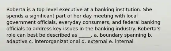 Roberta is a top-level executive at a banking institution. She spends a significant part of her day meeting with local government officials, everyday consumers, and federal banking officials to address key issues in the banking industry. Roberta's role can best be described as _____. a. boundary spanning b. adaptive c. interorganizational d. external e. internal