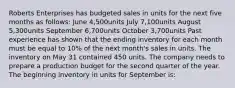 Roberts Enterprises has budgeted sales in units for the next five months as follows: June 4,500units July 7,100units August 5,300units September 6,700units October 3,700units Past experience has shown that the ending inventory for each month must be equal to 10% of the next month's sales in units. The inventory on May 31 contained 450 units. The company needs to prepare a production budget for the second quarter of the year. The beginning inventory in units for September is: