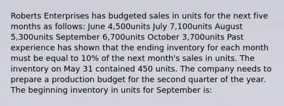 Roberts Enterprises has budgeted sales in units for the next five months as follows: June 4,500units July 7,100units August 5,300units September 6,700units October 3,700units Past experience has shown that the ending inventory for each month must be equal to 10% of the next month's sales in units. The inventory on May 31 contained 450 units. The company needs to prepare a production budget for the second quarter of the year. The beginning inventory in units for September is: