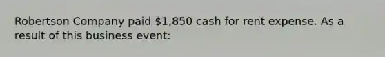 Robertson Company paid 1,850 cash for rent expense. As a result of this business event: