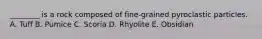 ________ is a rock composed of fine-grained pyroclastic particles. A. Tuff B. Pumice C. Scoria D. Rhyolite E. Obsidian