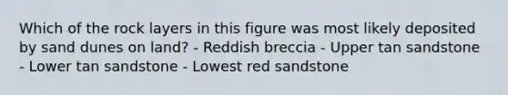 Which of the rock layers in this figure was most likely deposited by sand dunes on land? - Reddish breccia - Upper tan sandstone - Lower tan sandstone - Lowest red sandstone