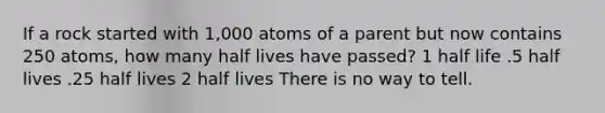 If a rock started with 1,000 atoms of a parent but now contains 250 atoms, how many half lives have passed? 1 half life .5 half lives .25 half lives 2 half lives There is no way to tell.